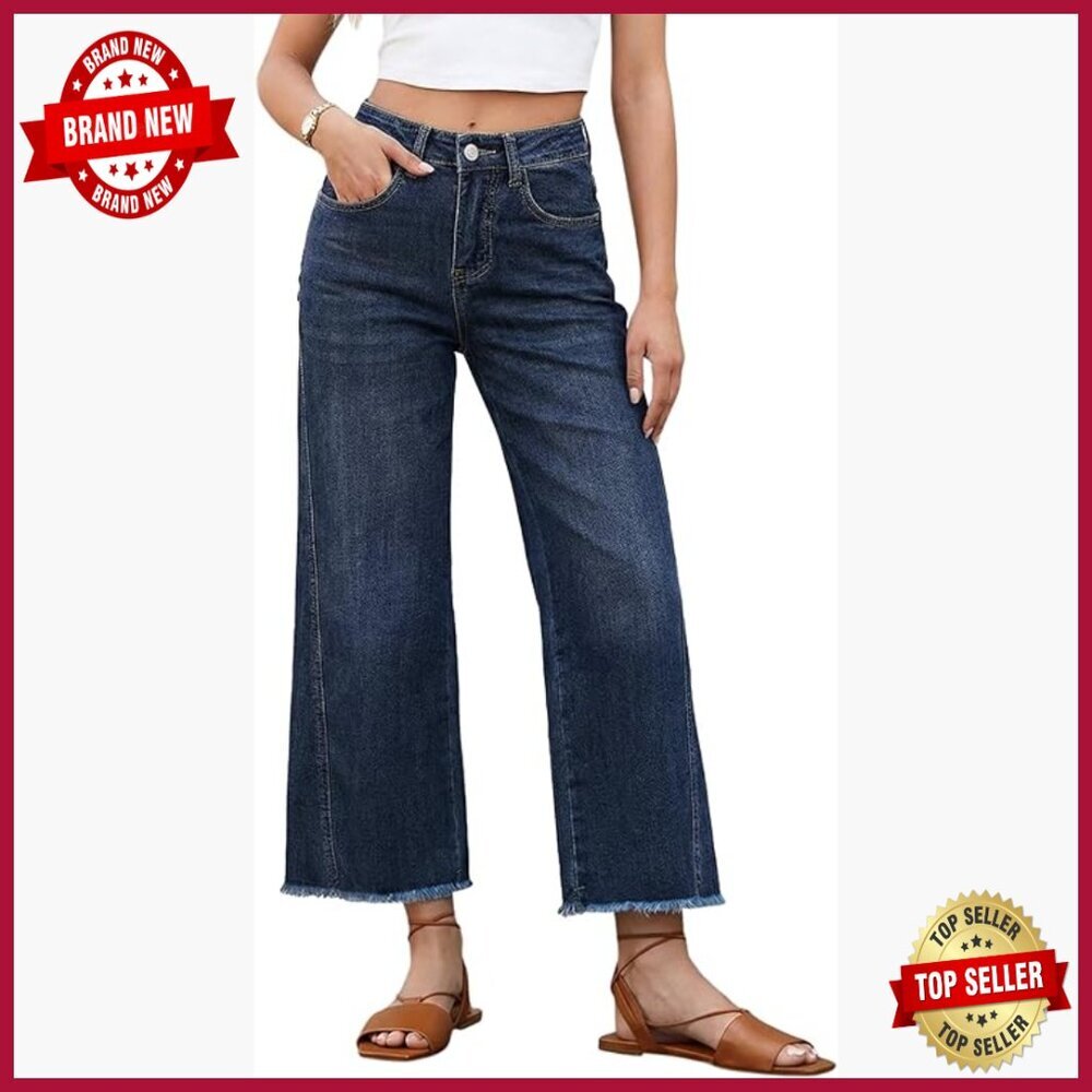High Waisted Wide Leg Cropped Jeans with Raw Hem, Stretch Denim